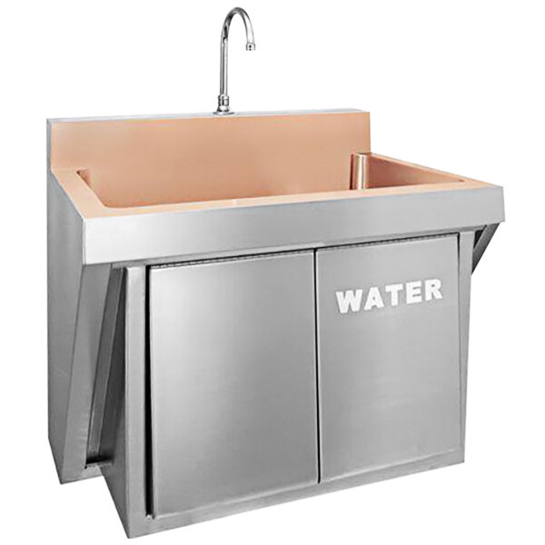 A stainless steel Just Manufacturing wall-hung scrub sink with knee operated faucet.