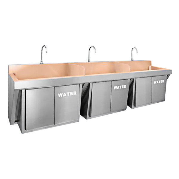 A Just Manufacturing wall-hung copper triple bowl scrub sink with knee operated faucets.