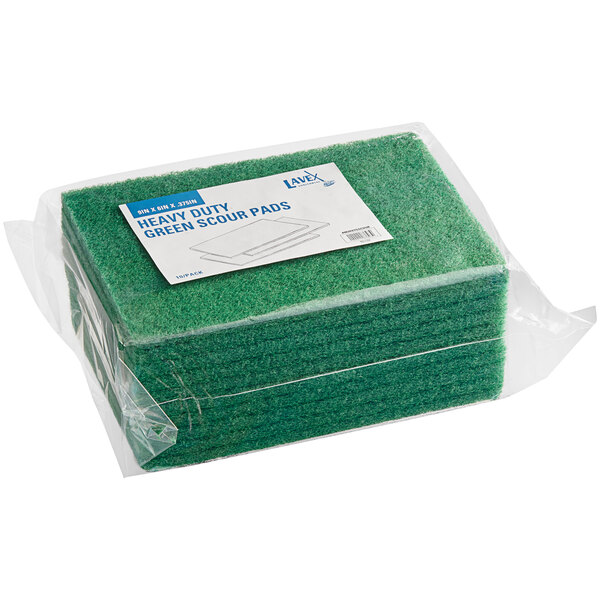 Lavex 9" x 6" x 3/8" Extra HeavyDuty Green Scouring Pad 10/Pack