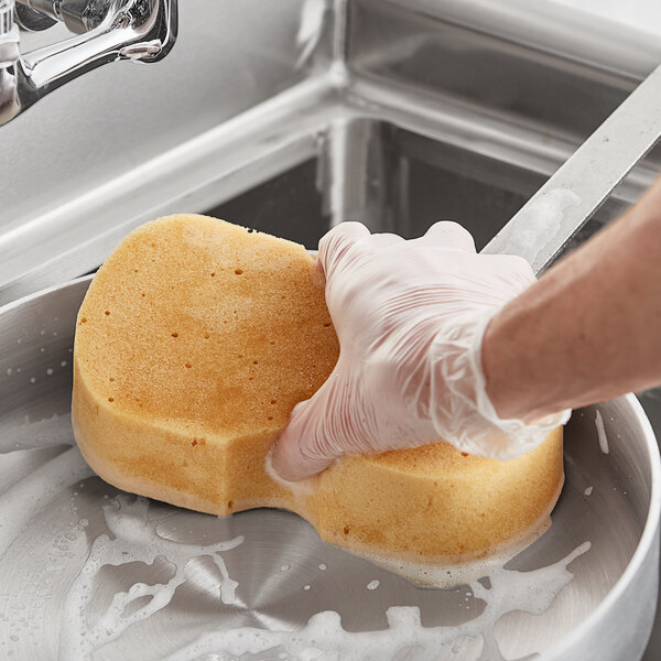 A person washing a dish with a Lavex jumbo natural sponge on a kitchen counter.