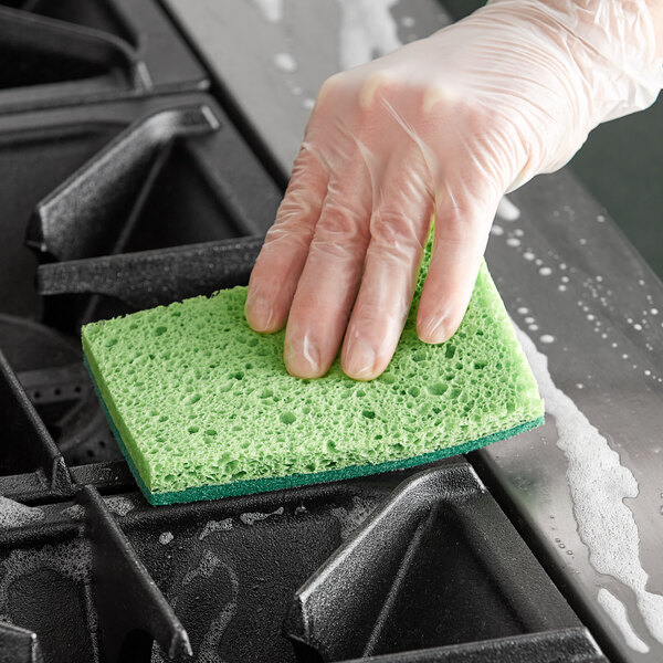 A hand in a glove using a Lavex green sponge to scrub a stove top.