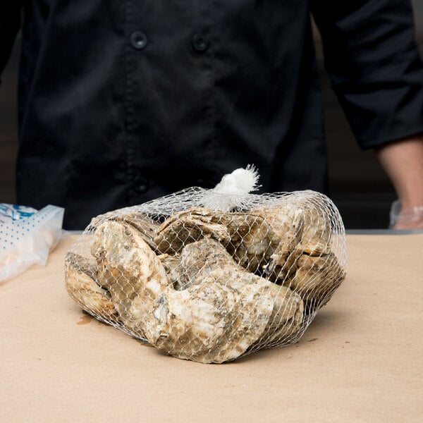 A person holding a net bag of oysters.