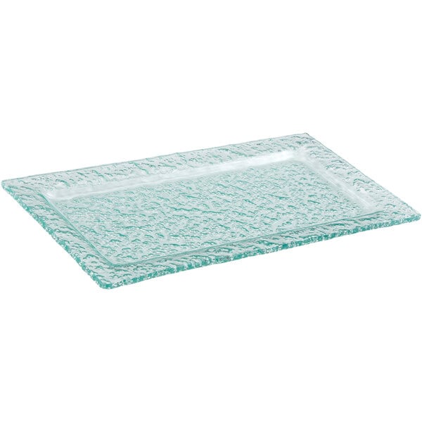 An American Metalcraft green rectangular glass platter with a textured surface.