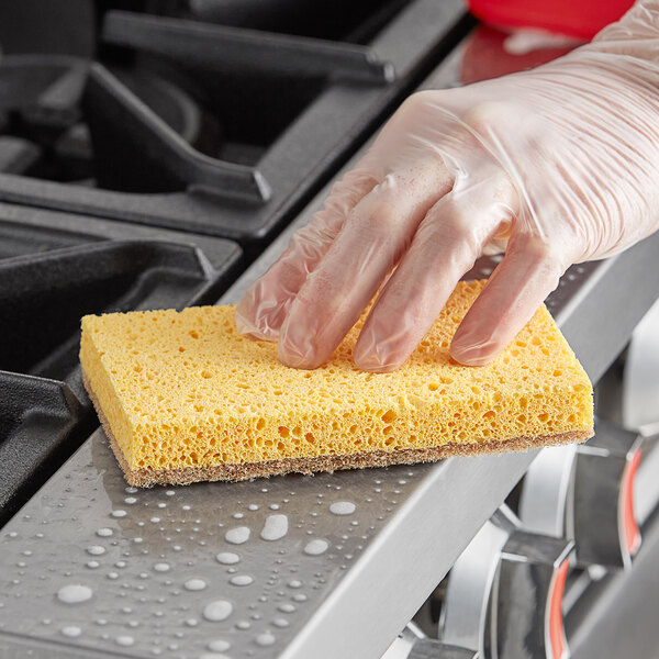 A hand in a plastic glove scrubbing a counter with a yellow Lavex Eco sisal sponge.