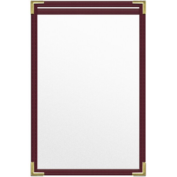 The corner of a maroon menu cover with gold corners.