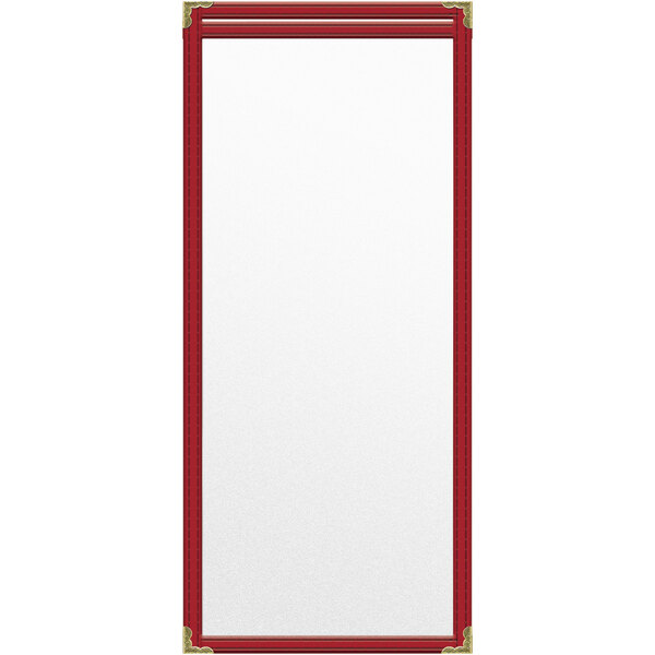 A rectangular red vinyl menu cover with gold decorative corners.