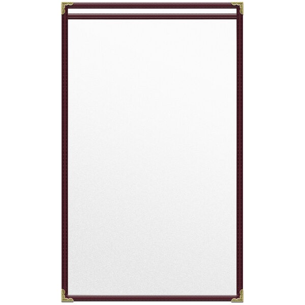 A maroon vinyl menu cover with gold decorative corners.