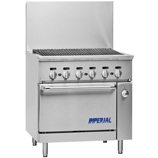 A stainless steel Imperial commercial gas range with 6 burners and knobs.