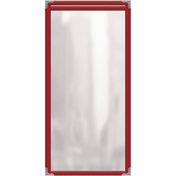 A red rectangular menu cover with silver corners.