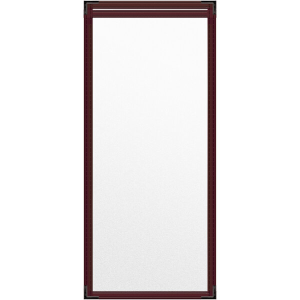 A maroon vinyl menu cover with black smooth corners and a matte finish.
