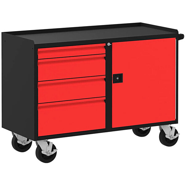 A red and black Valley Craft workbench with drawers and a door.