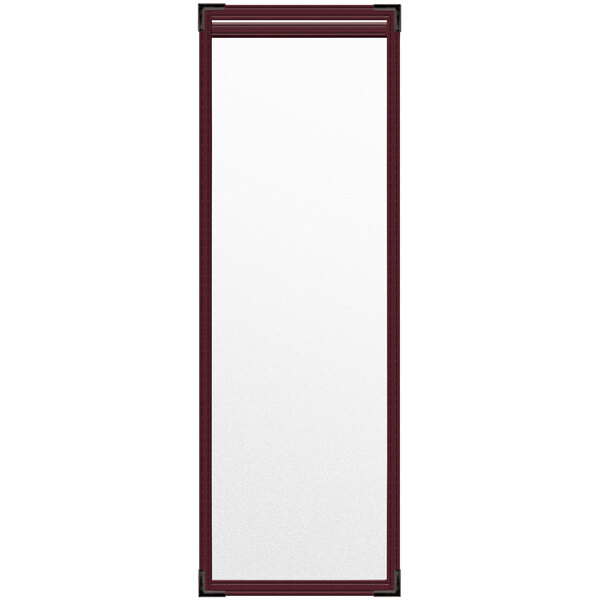 A rectangular white menu cover with a maroon border.
