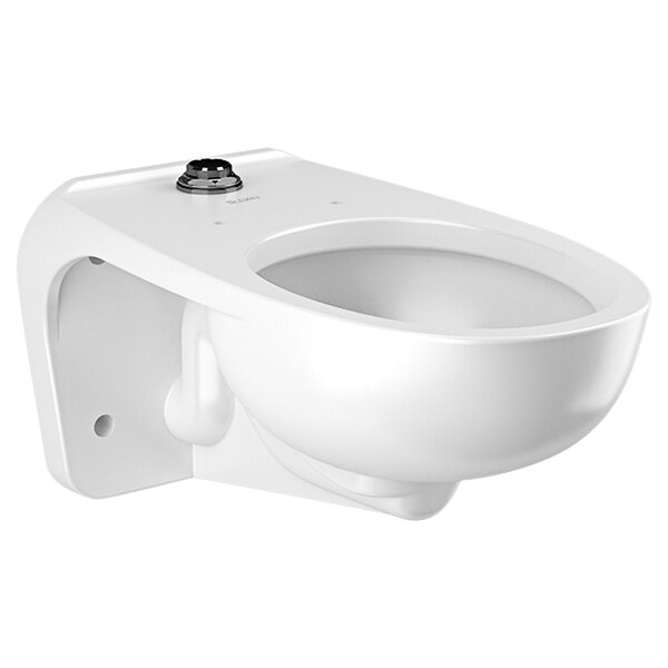 A white Sloan wall-mounted toilet with a lid and button.
