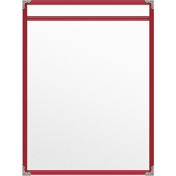A white menu board with a red border and silver decorative corners containing a white paper with red border.