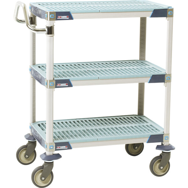 A MetroMax 3 tier metal utility cart with wheels.