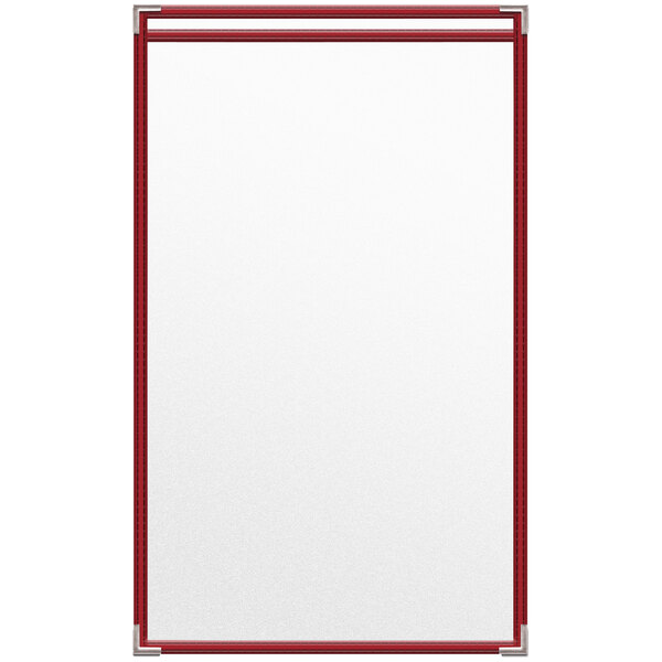 A white menu cover with red trim and a matte finish.