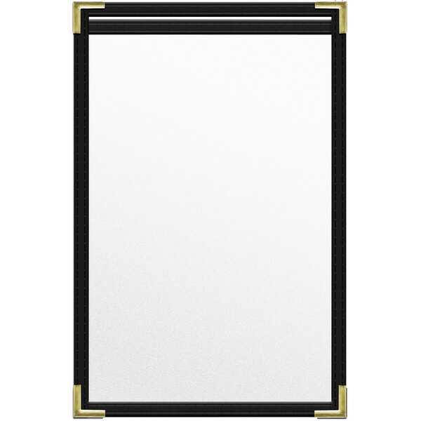 A black rectangular menu cover with gold smooth corners.