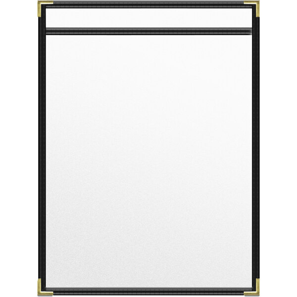 A white board with black frame and gold corners containing two black pages with white lines.