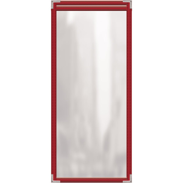 A rectangular menu cover with red trim and a white background.