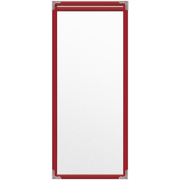 A red rectangular menu cover with silver decorative corners.