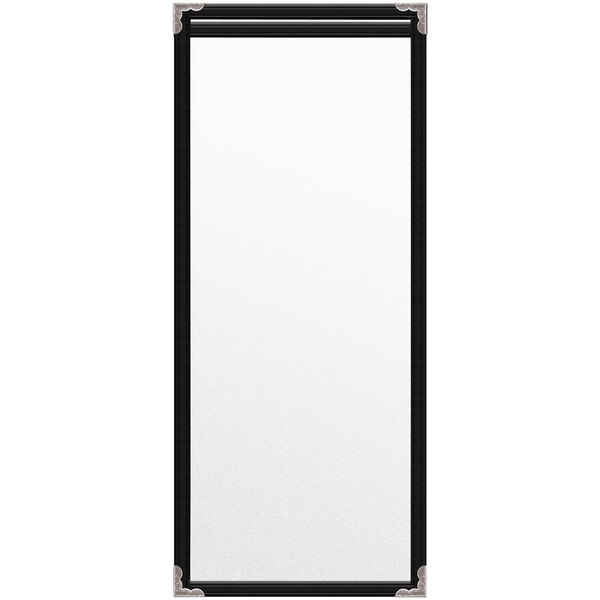 A white rectangular object with black edges. The front and back are black with silver decorative corners.