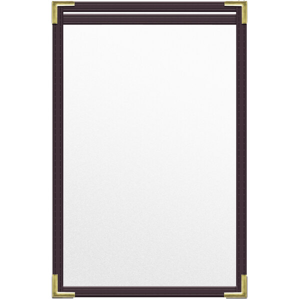 A white paper with a brown vinyl menu cover with gold corners.
