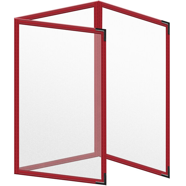 A white board with a red frame and black corners.