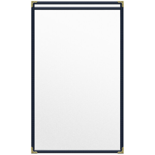 A white rectangular menu cover with gold decorative corners and a black border.
