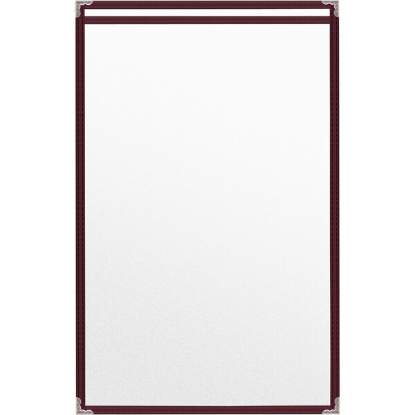 A maroon vinyl menu cover with a white border and silver decorative corners.
