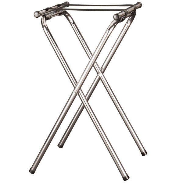 An American Metalcraft polished chrome folding tray stand with two legs.