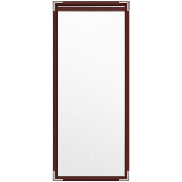 A rectangular maroon vinyl menu cover with silver corners and a matte finish.