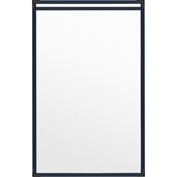 A white rectangular menu cover with a blue border and black corners.