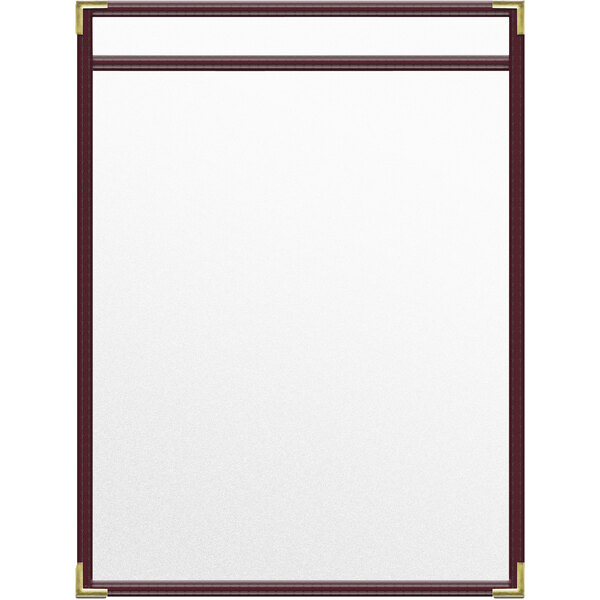 A white board with gold corners and a maroon strip.