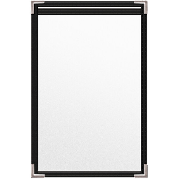 A black rectangular menu cover with black and silver corners.