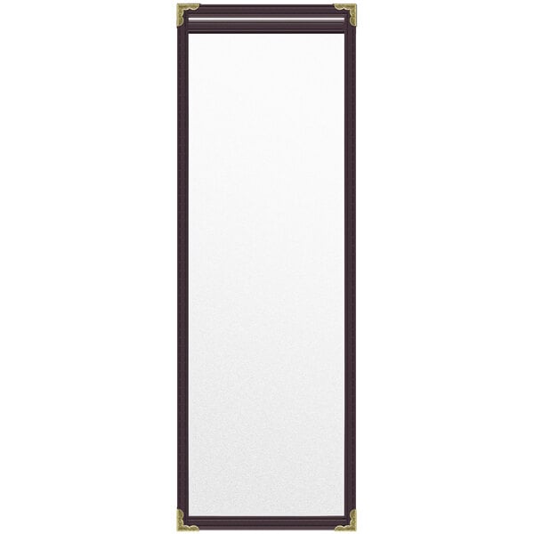 A white rectangular menu cover with black edges and gold corners.