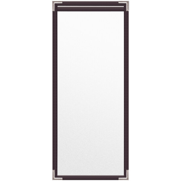 A rectangular white menu cover with a black border and metal corners.