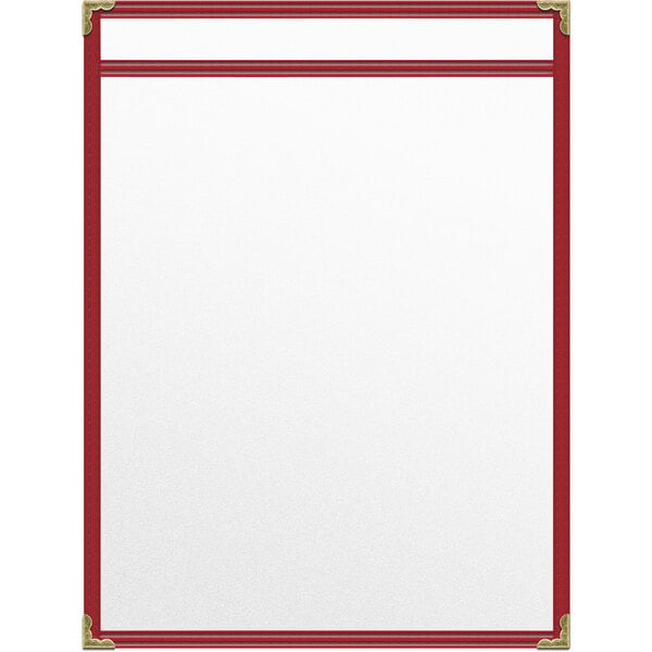A white paper with red border inside a red vinyl menu cover with gold corners.