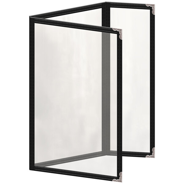 A black H. Risch, Inc. menu cover with clear glass pockets and silver corners.