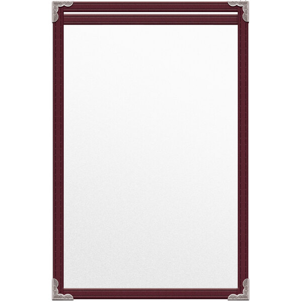 A white paper with a maroon border inside a H. Risch, Inc. TES Deluxe Maroon Vinyl Menu Cover with Silver Corners.