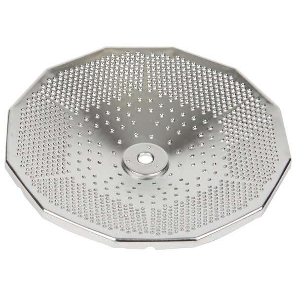 A stainless steel circular object with holes in it.