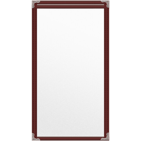 A white paper with a maroon border inside a maroon menu cover with silver corners.