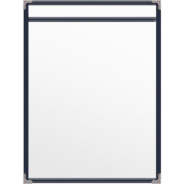 A white rectangular menu cover with a black border and silver decorative corners.