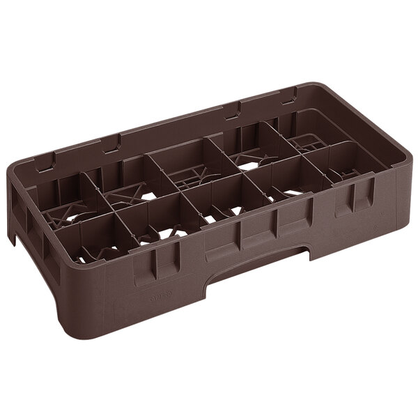 A brown plastic Cambro glass rack with 10 compartments.