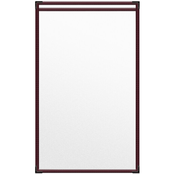 A maroon menu cover with black trim and a matte finish with clear sleeves.