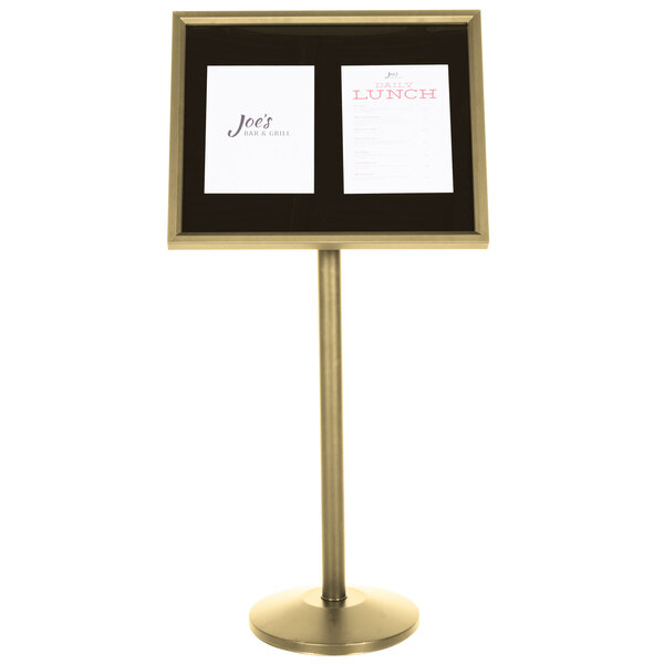 Aarco P7B Single Pedestal Brass Frame Black Marker Board with Neon Markers