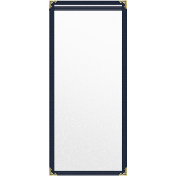 A white rectangular menu cover with gold decorative corners.
