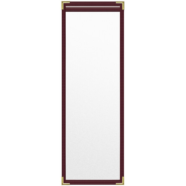 A rectangular maroon menu cover with gold trim.