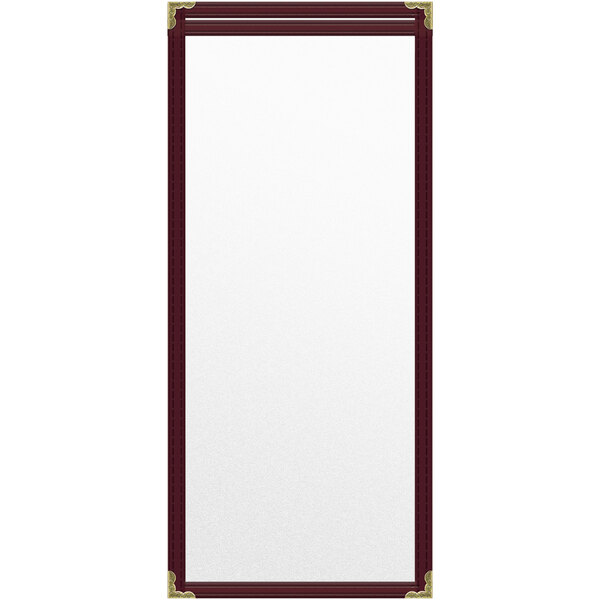 A rectangular maroon vinyl menu cover with gold corners.