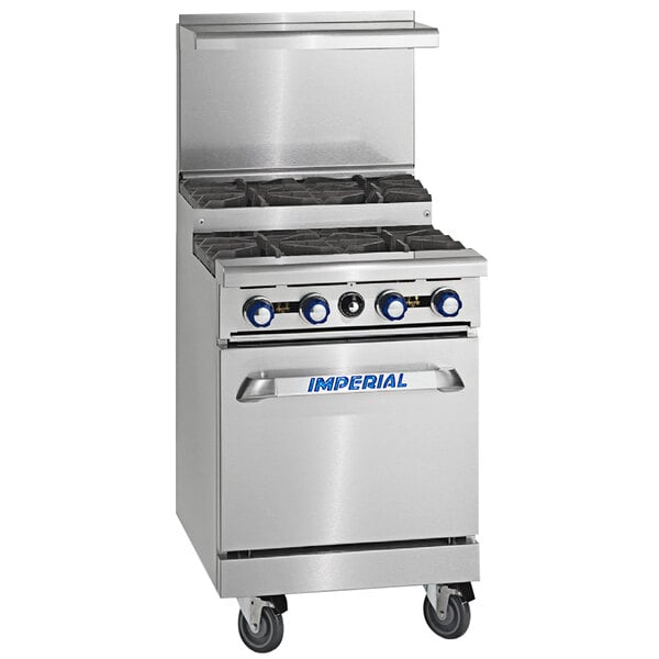 A stainless steel Imperial Range gas range with four burners and a space saver oven.
