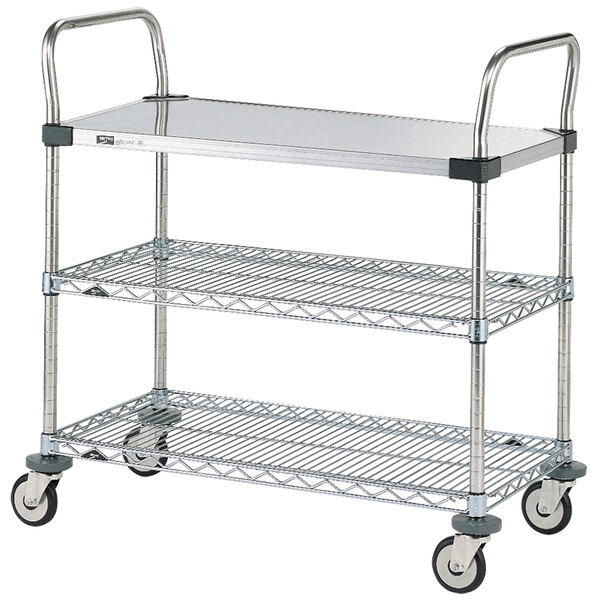 A stainless steel Metro utility cart with three shelves and wheels.
